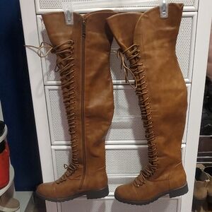 Brown Lace Up Boots with Full-Length Lacing and Rounded Toe. Never worn!